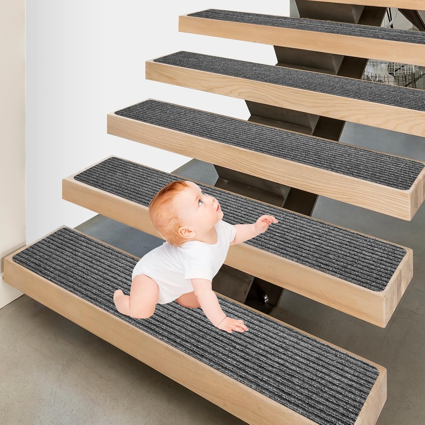 15 Pack 8 "X 30" Non-Slip Carpet Stair Treads for Indoor Wooden Steps, Made of Polyester and Reusable Adhesive, Suitable for Kids Elders and Pets（Black Lines）
