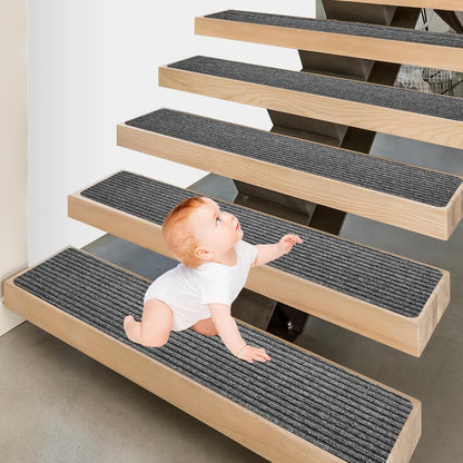 15 Pack 8 "X 30" Non-Slip Carpet Stair Treads for Indoor Wooden Steps, Made of Polyester and Reusable Adhesive, Suitable for Kids Elders and Pets（Black Lines）