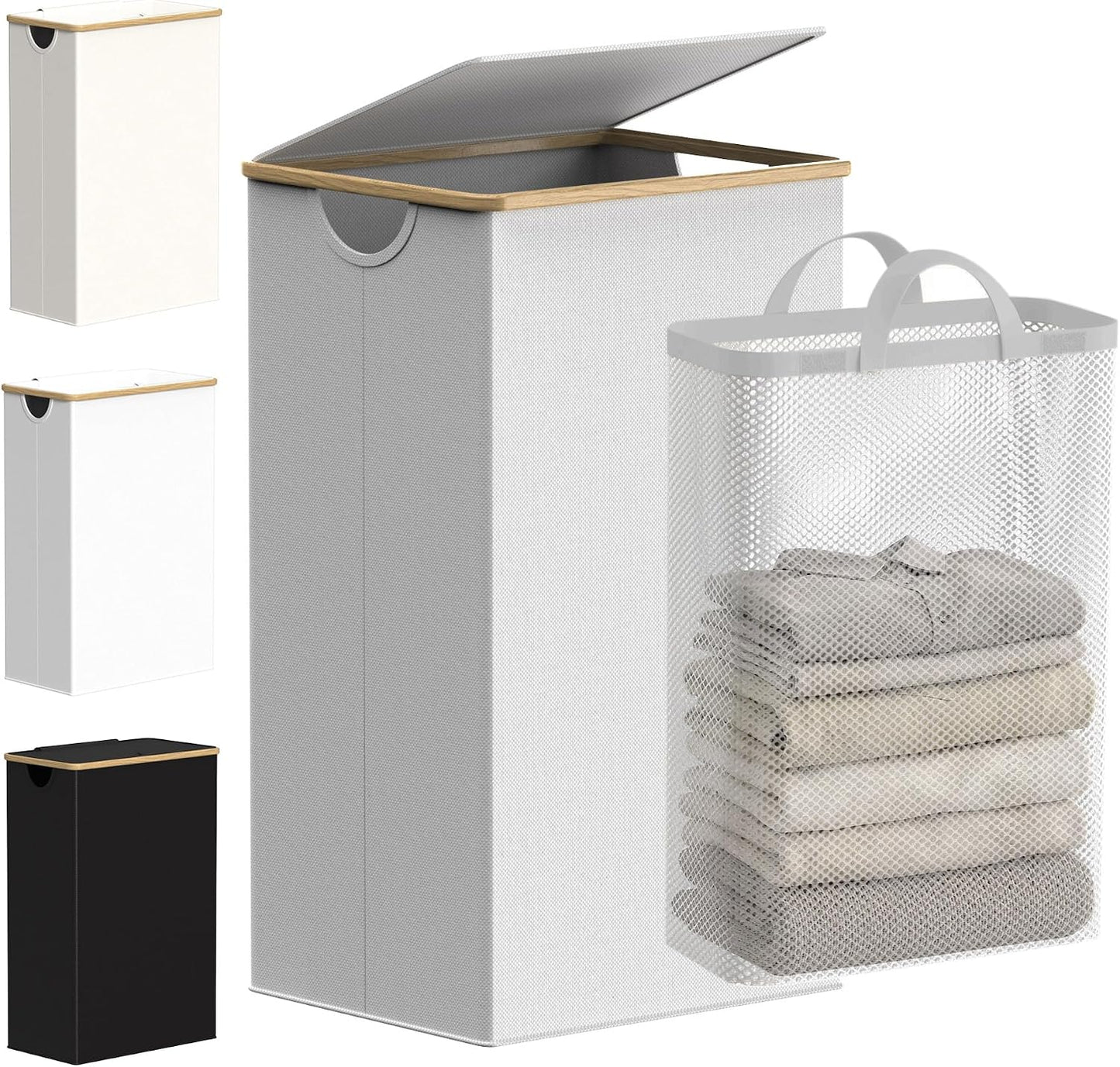 efluky Slim Laundry Basket with Lid, Narrow Laundry Hamper with Removable Bag, Skinny Dirty Clothes Basket with Bamboo Handles for Bathroom, Bedroom & Laundry Room, 75L Beige