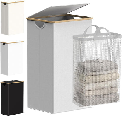 efluky Slim Laundry Basket with Lid, Narrow Laundry Hamper with Removable Bag, Skinny Dirty Clothes Basket with Bamboo Handles for Bathroom, Bedroom & Laundry Room, 75L Beige