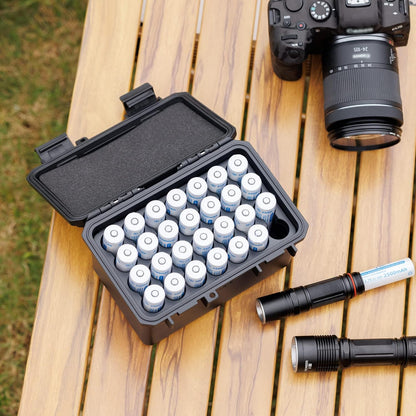 24 Slots CR2 CR123 CR123A Lithium Battery Organizer Case, IP67 Waterproof Hard Case for CR17345/CR16340/CR18350/CR15270(CR2) Explosionproof Batteries Storage Holder for Household Outdoor Camping
