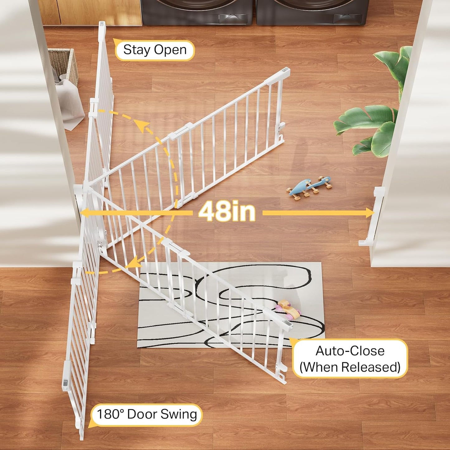 Cumbor 29.2–43" Baby Gate for Stairs, Hardware Mounted (Drill Required), Expandable No Bottom Bar Dog Gate, Auto Close Extra Wide Walk Thru, Pet & Toddler Proof Gate, Top & Bottom of Stairways (White)