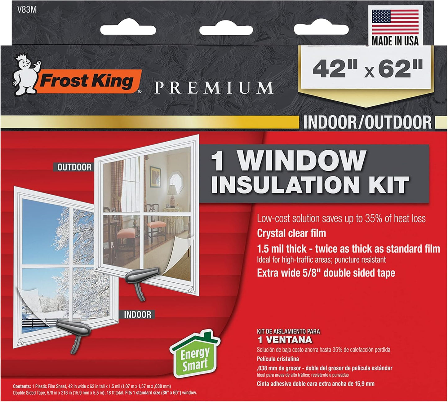 Frost King V83M Heavy Duty Indoor Shrink Window Kits, 42" X 62" X 1.5 MIL, 1-Pack