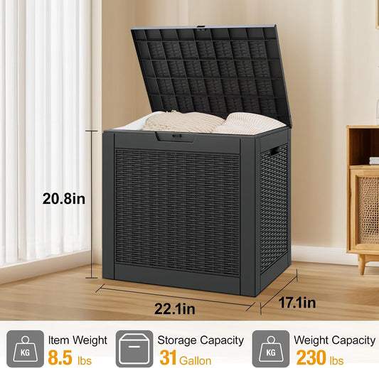 Outdoor Storage Deck Boxes Waterproof, Waterproof and UV Resistant Outdoor Storage Box Lockable Lid for Delivery Box, Indoor, Garden Tools, Pool Supplies, Patio (Black, 31 Gallon)