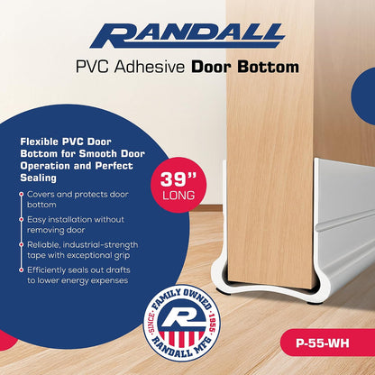 Flexible Adhesive PVC Door Bottom – 39” Long | Fits Standard 1 3/4” Doors | Self Stick Under Door Draft Stopper | Weather Stripping Seal for Noise, Dust, Air & Bug Protection (White, 39" Long)