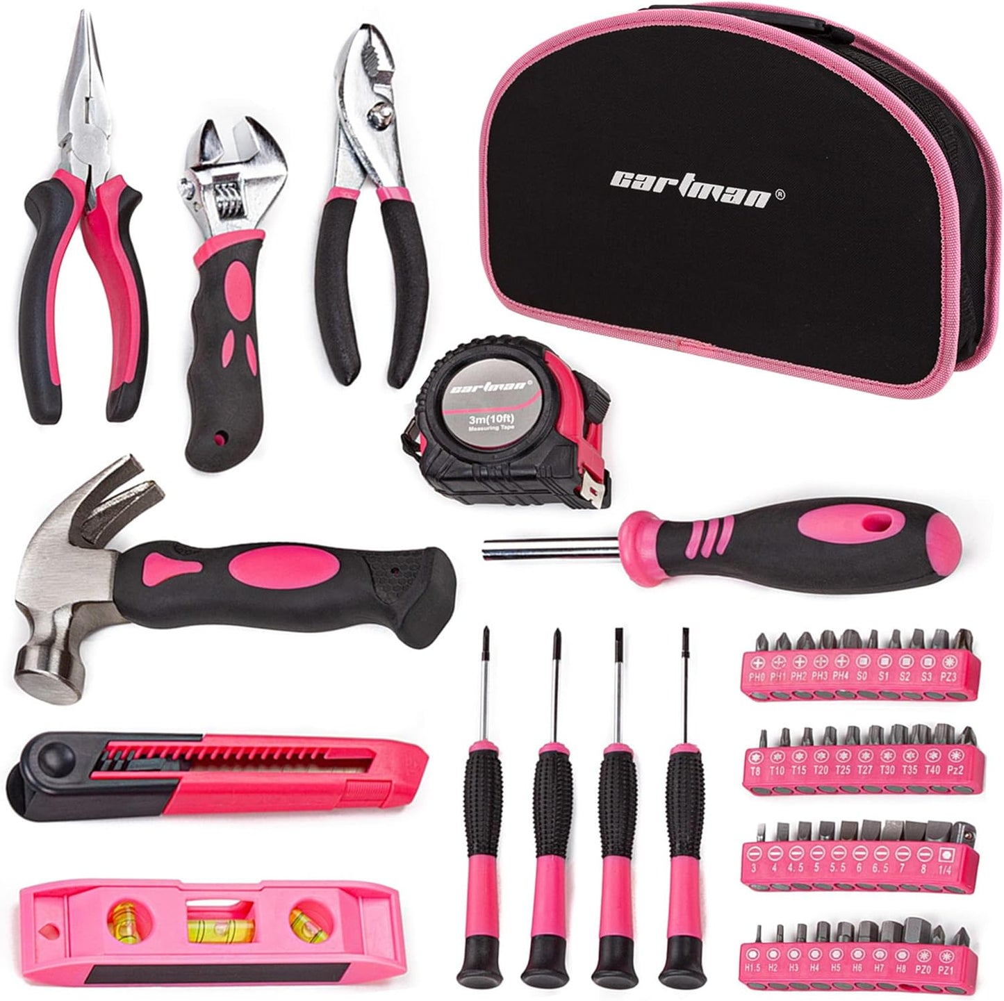 CARTMAN 52-Piece Pink Hand Tool Set, Home Repair Kit With Round Carry Pouch | Compact pink hand tool assortment for home repairs, DIY projects, apartment fixes, office needs, and everyday tasks in pouch.