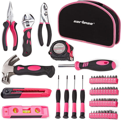 CARTMAN 52-Piece Pink Hand Tool Set, Home Repair Kit With Round Carry Pouch | Compact pink hand tool assortment for home repairs, DIY projects, apartment fixes, office needs, and everyday tasks in pouch.