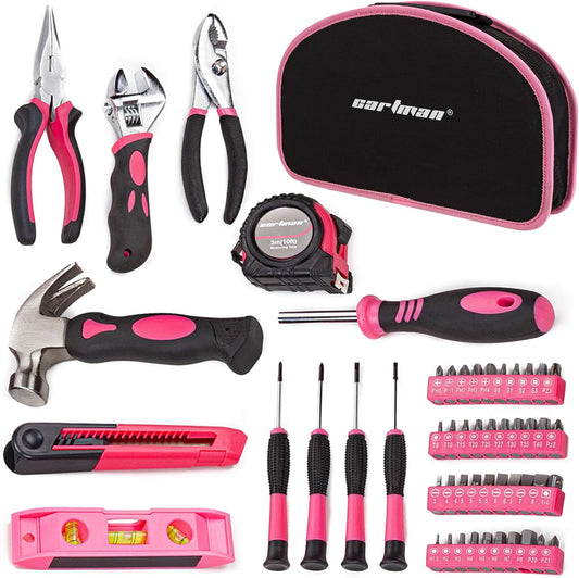 CARTMAN 52-Piece Pink Hand Tool Set, Home Repair Kit With Round Carry Pouch | Compact pink hand tool assortment for home repairs, DIY projects, apartment fixes, office needs, and everyday tasks in pouch.