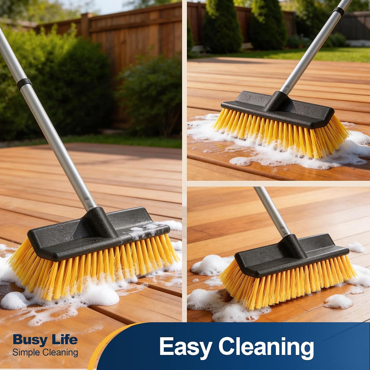 Yocada Deck Brush with 4-Section Extendable Handle Floor Scrub Brush Soft &Medium Bristles Non-Slip Grip for Outdoor Deck Patio Bathroom Garage Concrete Cleaning 54.3 Inch