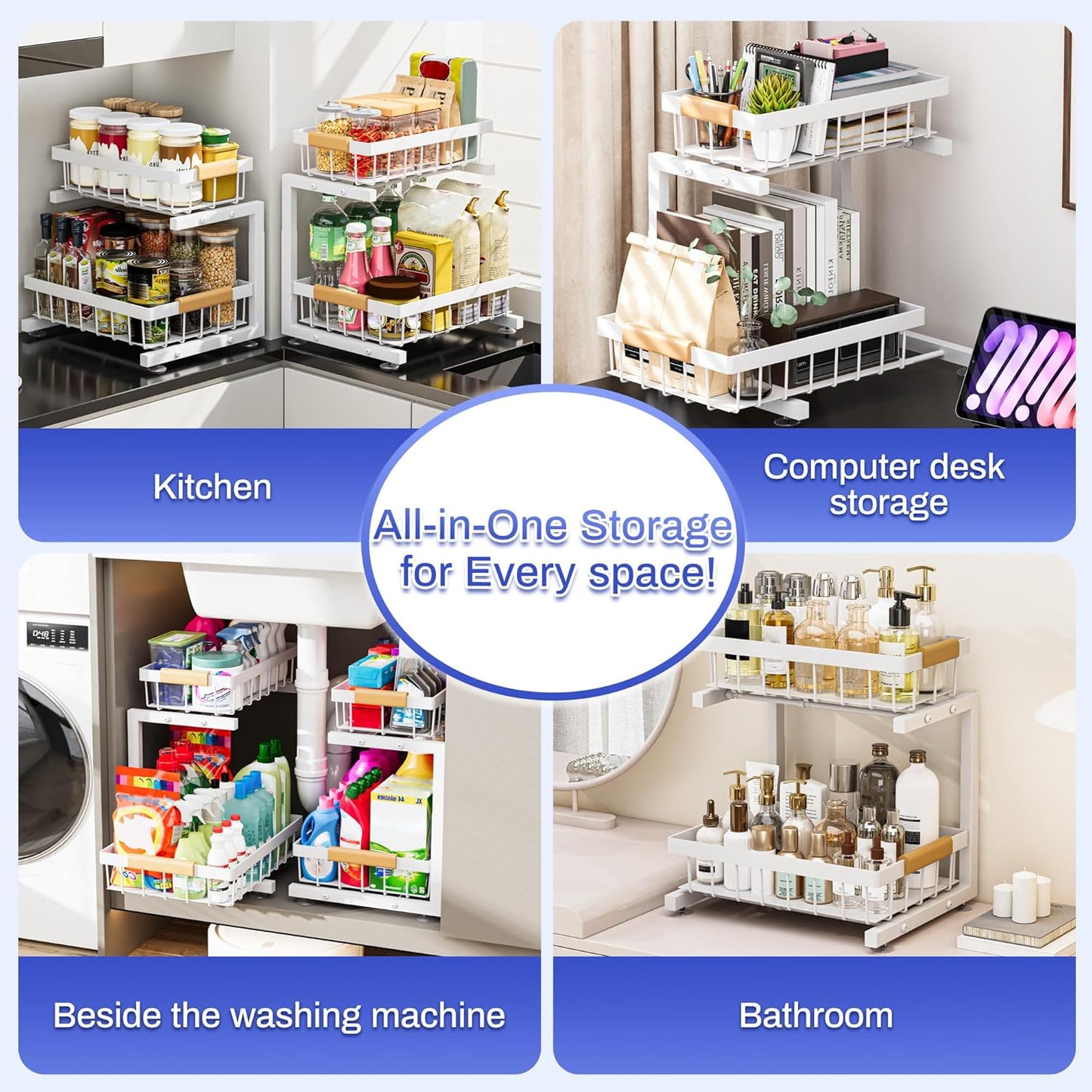 ADBIU Under Sink Organizer 2 Pack, Adjustable Height (11"-15.75") Under Cabinet Storage, 2 Tier Pull Out Sliding Drawers for Kitchen Bathroom, Heavy Duty Metal Shelf, White