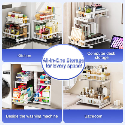 ADBIU Under Sink Organizer 2 Pack, Adjustable Height (11"-15.75") Under Cabinet Storage, 2 Tier Pull Out Sliding Drawers for Kitchen Bathroom, Heavy Duty Metal Shelf, White