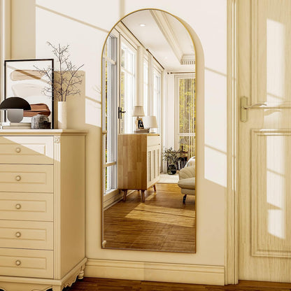 HARRITPURE 64"x21" Arched Full Length Mirror Free Standing Leaning Hanging Mounted Mirror Aluminum Frame Modern Simple Home Decor for Living Room Bedroom Cloakroom, Gold