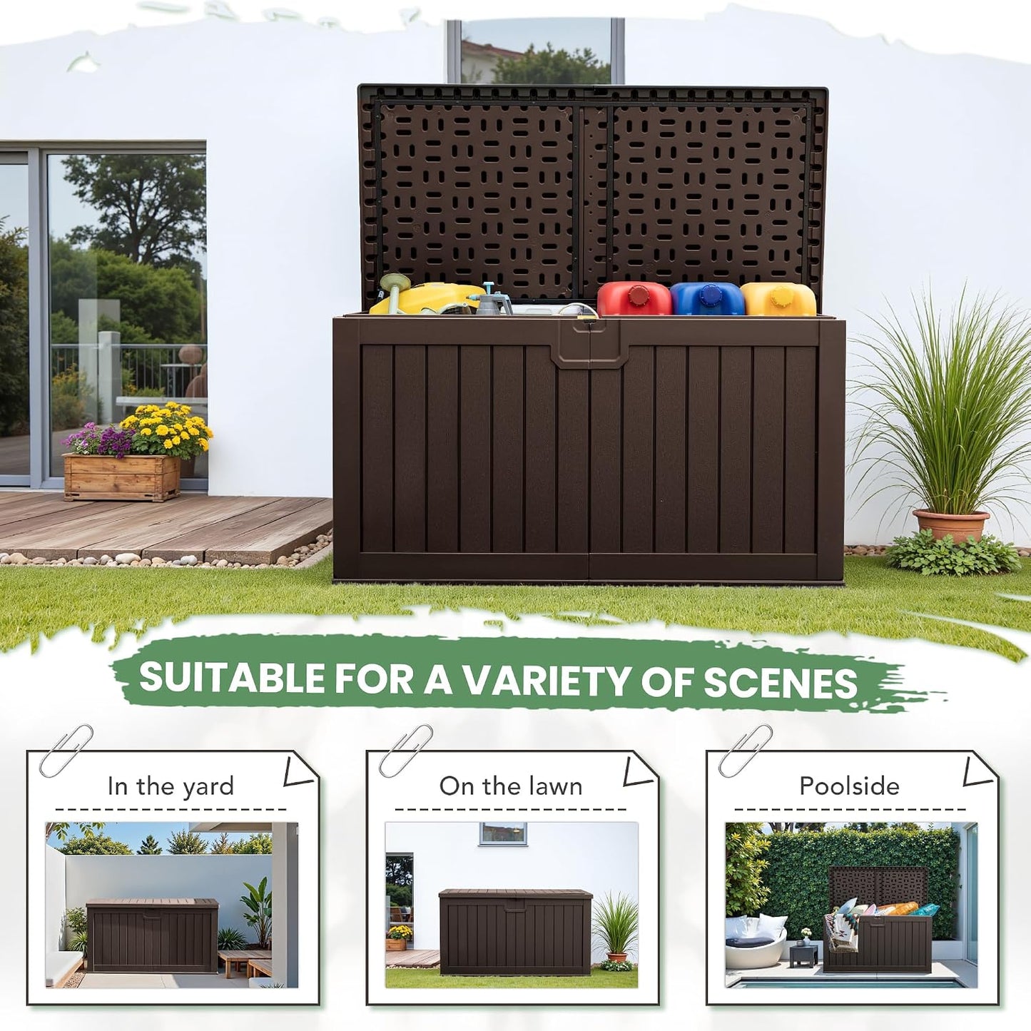 Greesum Outdoor Storage Box 31 Gallon Storage Box with Lid for Patio Furniture, Garden Tools, Pool Supplies, Waterproof and UV Resistant, Lockable, Dark Black
