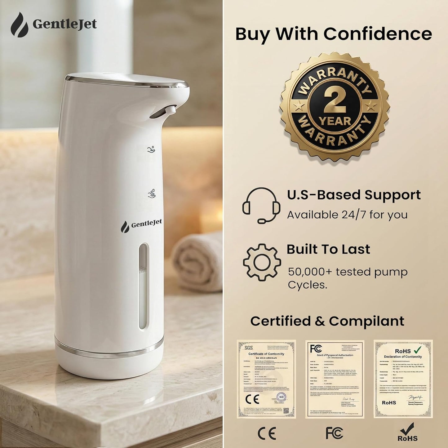 GentleJet Cloudfoam Automatic Foaming Soap Dispenser – Touchless Foam Dispenser for Kids & Family, Soft Rich Foam, USB-C Rechargeable, No-Clog Design, IPX5 Waterproof, 320 ml