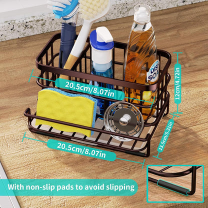 HapiRm Kitchen Sink Organizer, SUS304 Stainless Steel Rustproof Multifunctional Large Sink Caddy with Sponge Holder and Drain Tray for Kitchen Countertop (Silver)