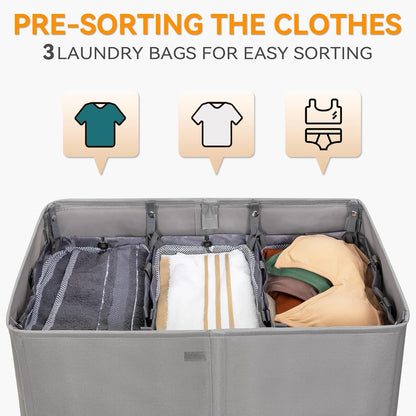 WOWLIVE Laundry Hamper with Lid,160L Large Laundry Basket 3 Section with Removable Washing Bags,Collapsible Waterproof Dirty Clothes Hamper for Laundry Room Bathroom Dorm,Beige