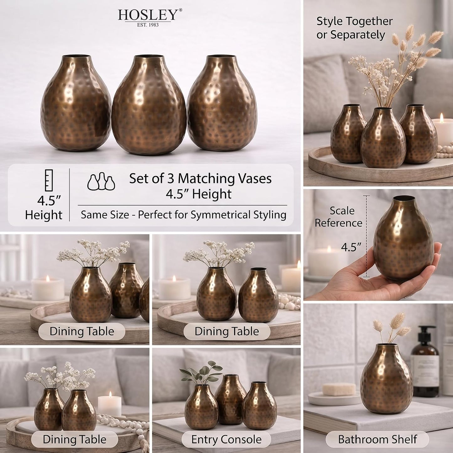 Hosley Small Cream Metal Tote Vase – Set of 4, 4.5" Long Decorative Mini Vases for Dried Floral Arrangements, Coffee Tables, Side Tables & Home Décor Accents