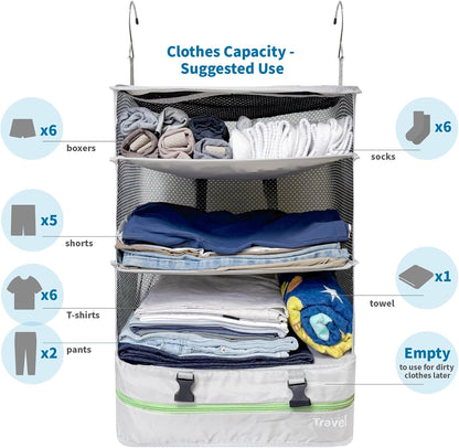 Grand Fusion Stow-N-Go Hanging Travel Shelves, Packing Organizer for Luggage. Carry on Closet for Suitcase. Expandable Packing Cube. Travel Essentials. (Black - L, L = (L) 11.8" x (W) 11.8")