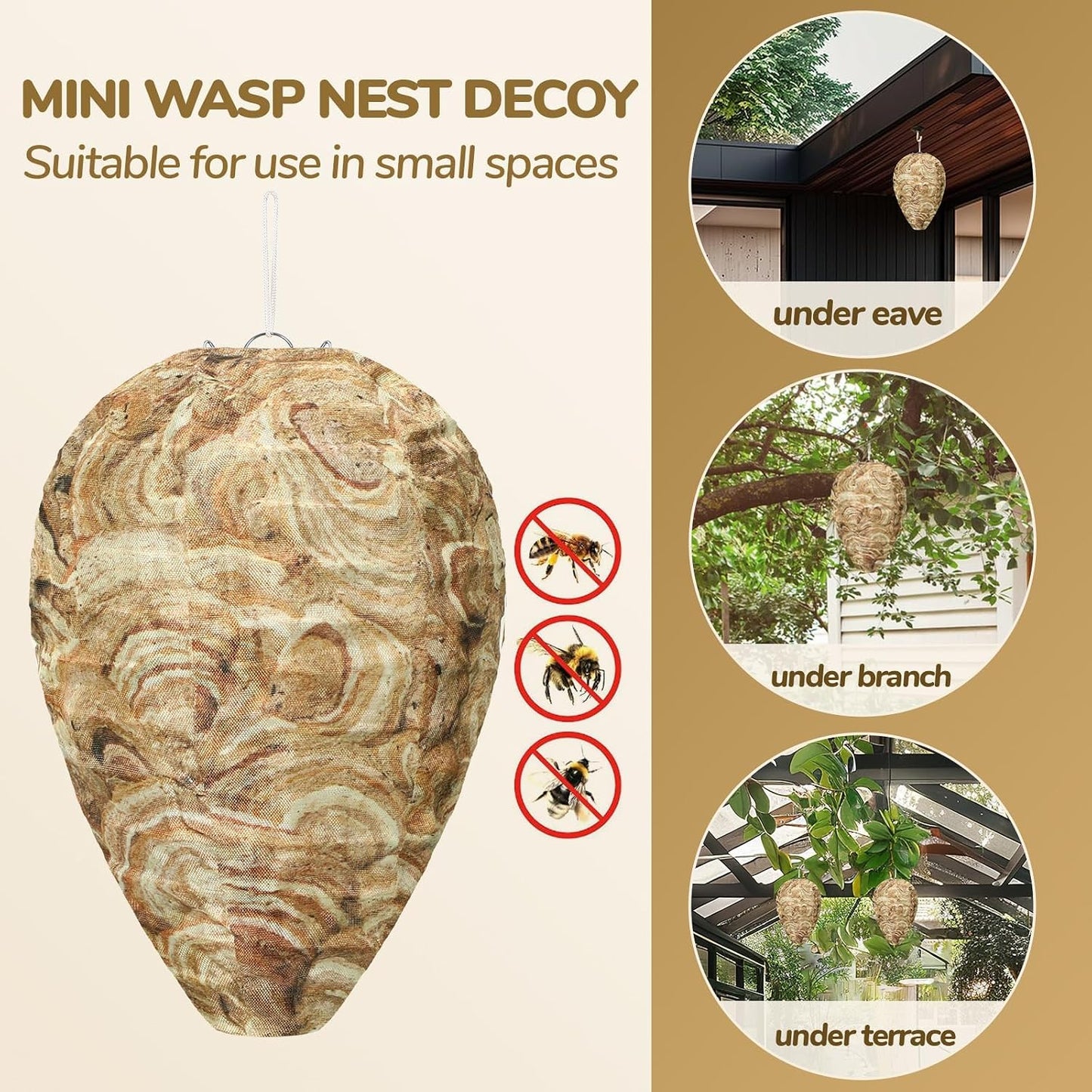DECYOOL Wasp Nest Decoy, 4 Pack Mini Hanging Outdoor Hornet Deterrent | Brown Water-Repellent Decoys for Outdoor Patio Eaves Hanging, Deterring Hornets and Yellow Jackets, Garden Decor Supplies
