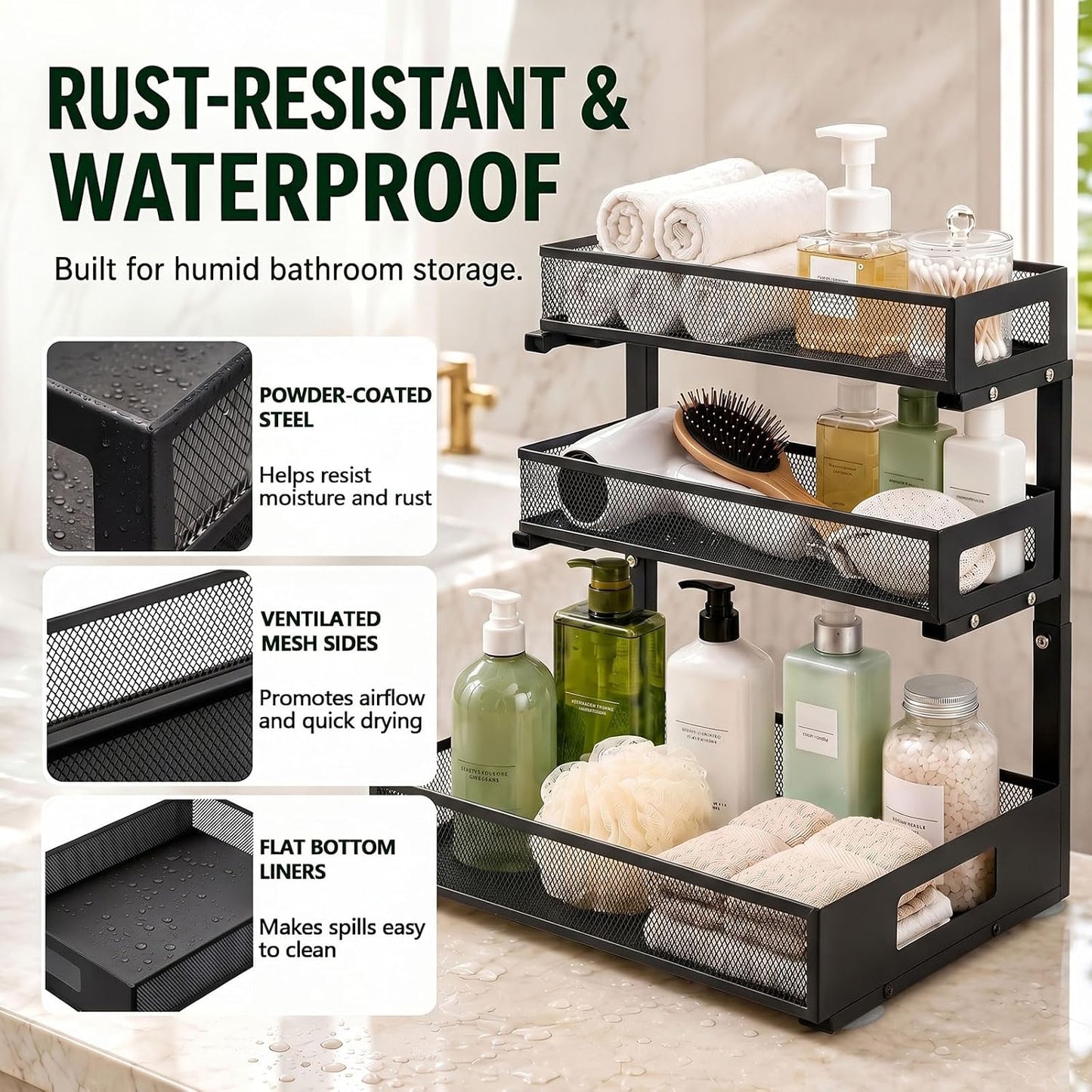 3 Tier Under Sink Organizer,2 Pack Pull Out Cabinet Shelves with Adjustable Height,Heavy Duty Carbon Steel L-Shaped Storage for Kitchen Bathroom Sink,Pantry & Laundry,White