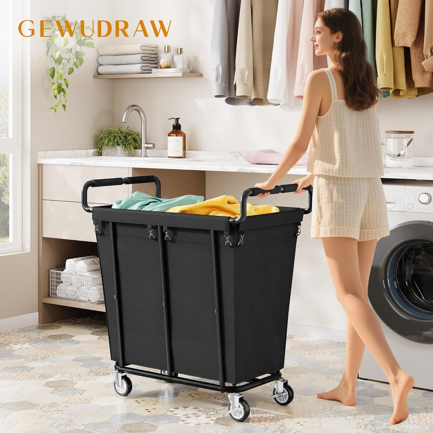 Gewudraw Large laundry hamper with Wheels, 3 Bag Big Rolling Laundry Hamper Sorter Cart, Extra Large Laundry Clothes Hamper, Heavy Duty Laundry Basket Organizer for Laundry Room,Bathroom,Black