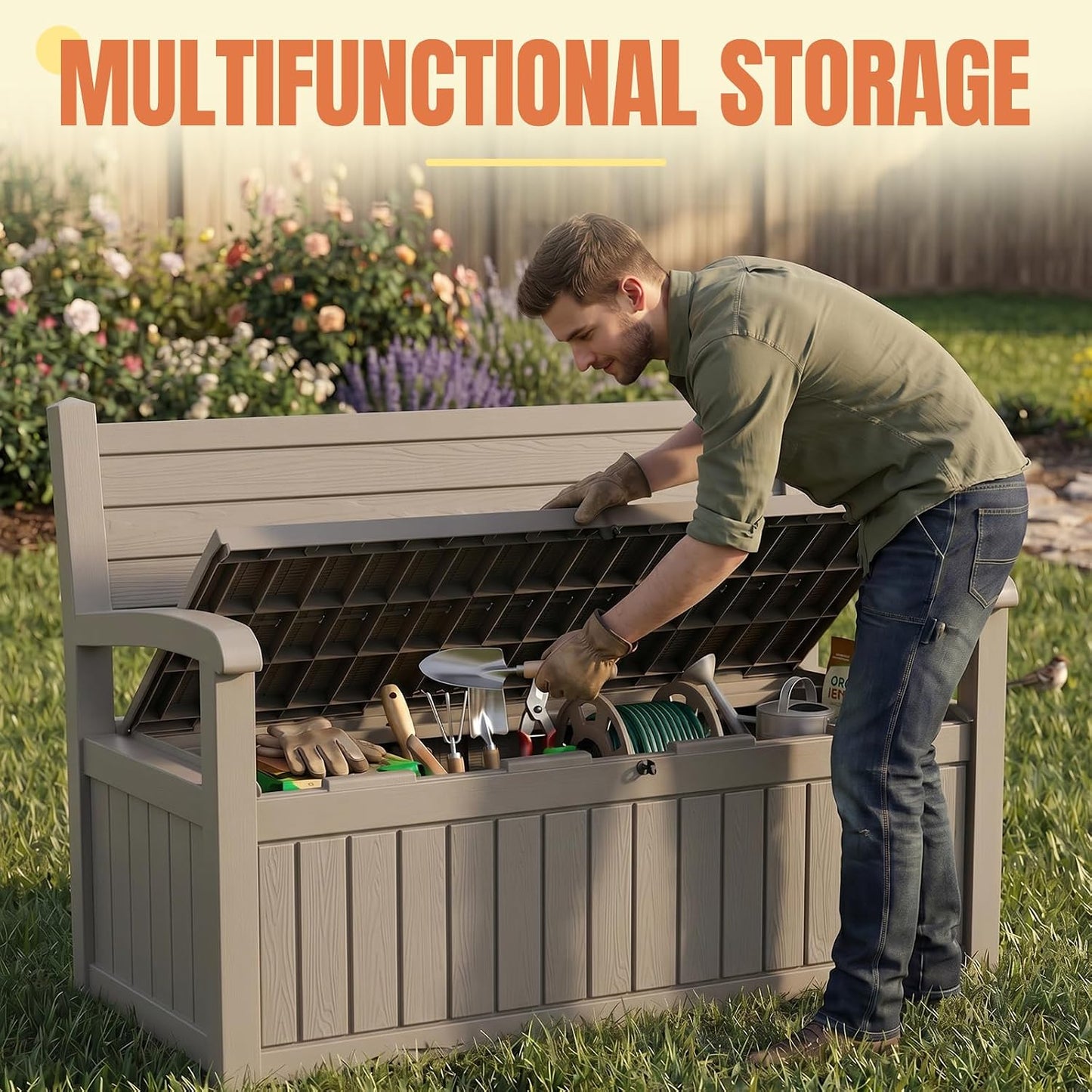 Storage Bench Outdoor Deck Box,100 Gallon Waterproof & UV Resistant Lockable Patio Furniture Seating.Indoor/Outdoor Shoe Storage Cabinet for Garden Cushions,Tools,Patio,Pool Supplies(Black)