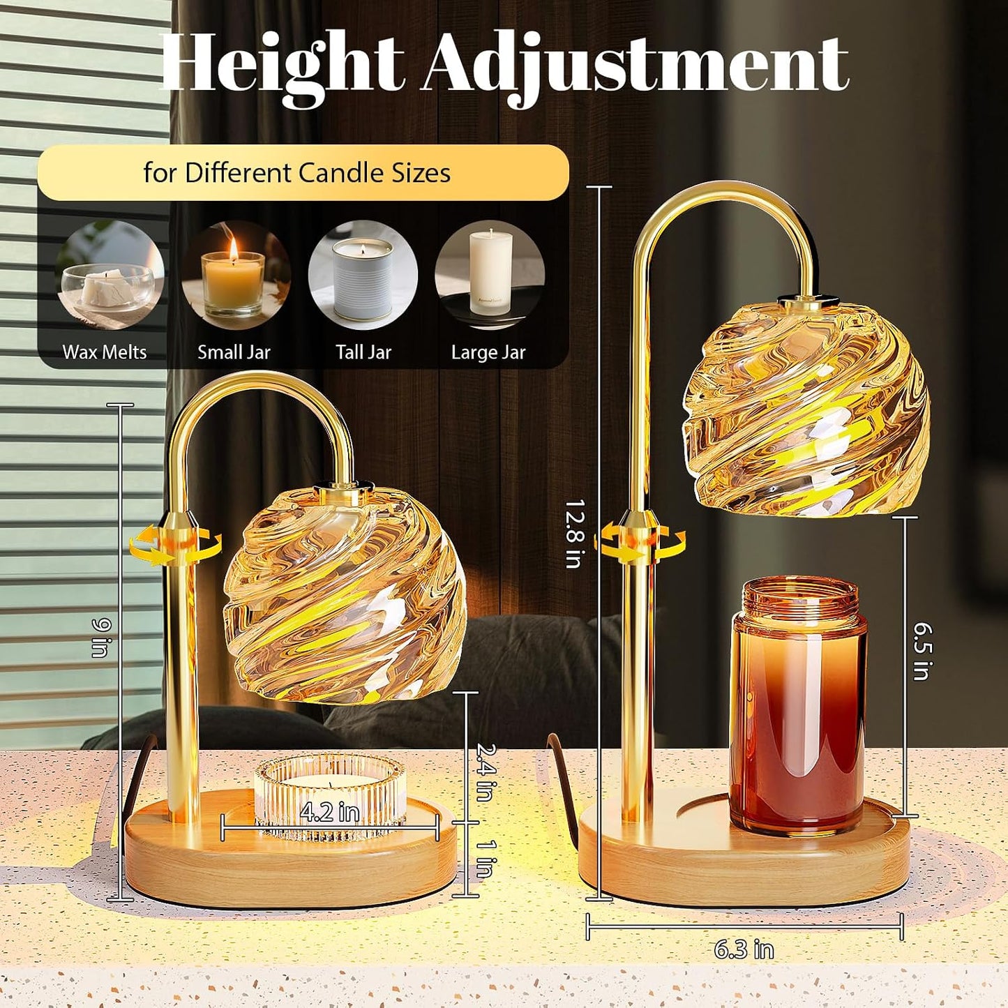 Candle Warmer Lamp with Timer Dimmer, Electric Candle Warmer with Adjustable Height for New Home Decor, Birthday Gifts for Women Men Mom, Wax Melter for All Jar Sizes, 2Bulbs,Black