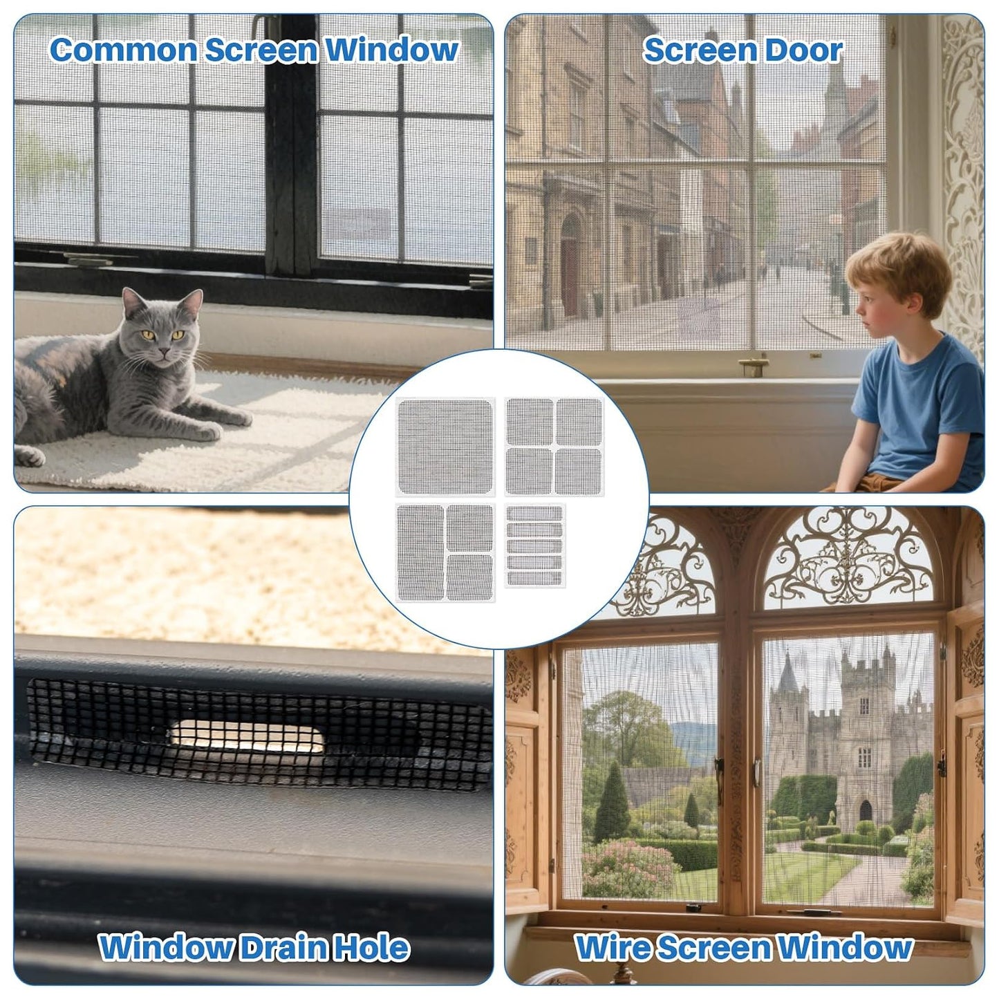 16Sheets Window Screen Repair Kit - Black Self-Adhesive Screen Patch Repair Kit, 4 Sizes Patches Mesh Tape for Mesh Screens Door, Window Drain Holes, Strong Adhesion Easy to Use
