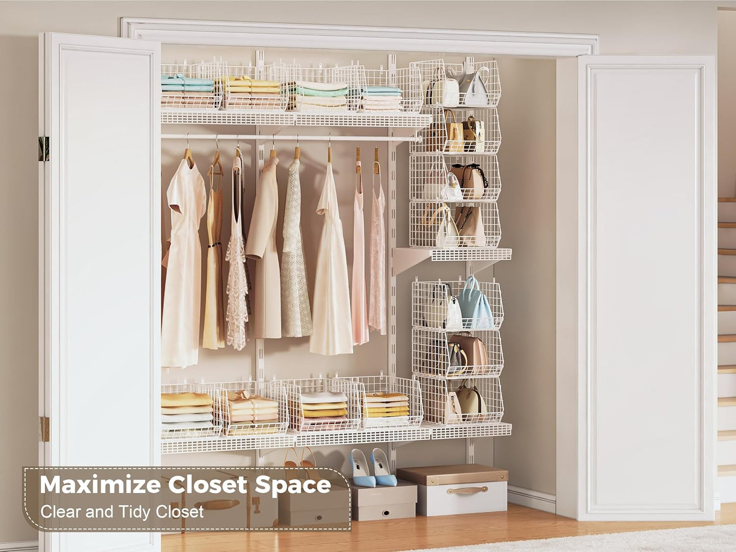 8-Tier Extended Depth Hanging Closet Organizers and Storage for Closet System, Stackable Closet Shelves with 4 Adjustable Dividers for Clothes Sweaters Purses, Wire Hanging Basket Fits Closet Laundry