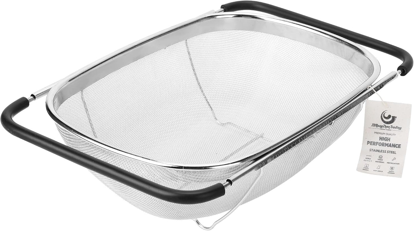 ZDRongZhen Kitchen Accessories Over the Sink Colander Strainer Basket，Stainless Steel Colander with Expandable Rubber Grip Sink Drainer-Rinse Vegetables Fruits &Strain&Drain (Large-Fine mesh)