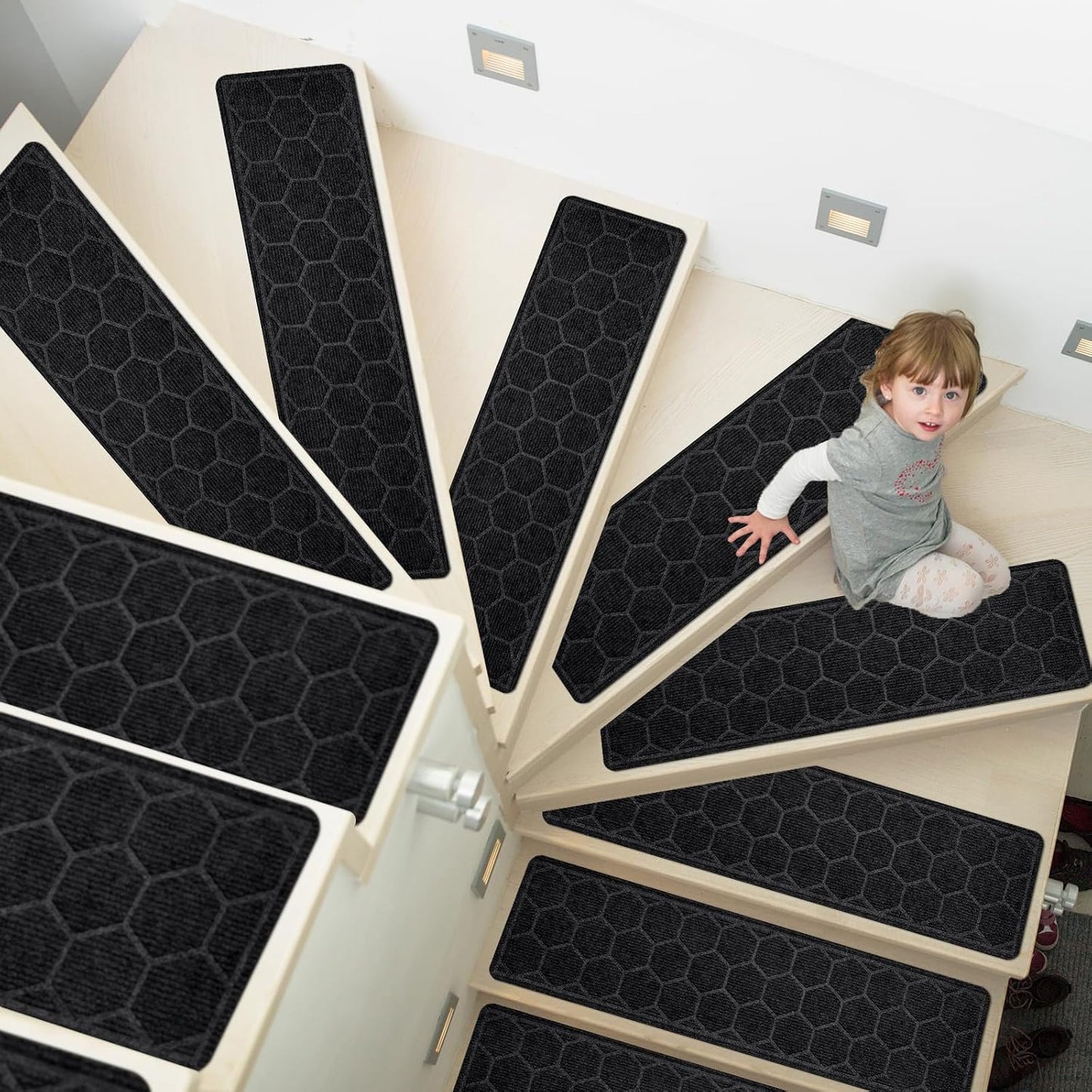15 Pack 8 "X 30" Non-Slip Carpet Stair Treads for Indoor Wooden Steps, Made of Polyester and Reusable Adhesive, Suitable for Kids Elders and Pets（Black Lines）