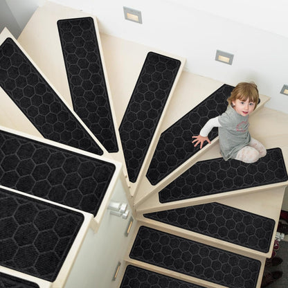 15 Pack 8 "X 30" Non-Slip Carpet Stair Treads for Indoor Wooden Steps, Made of Polyester and Reusable Adhesive, Suitable for Kids Elders and Pets（Black Lines）