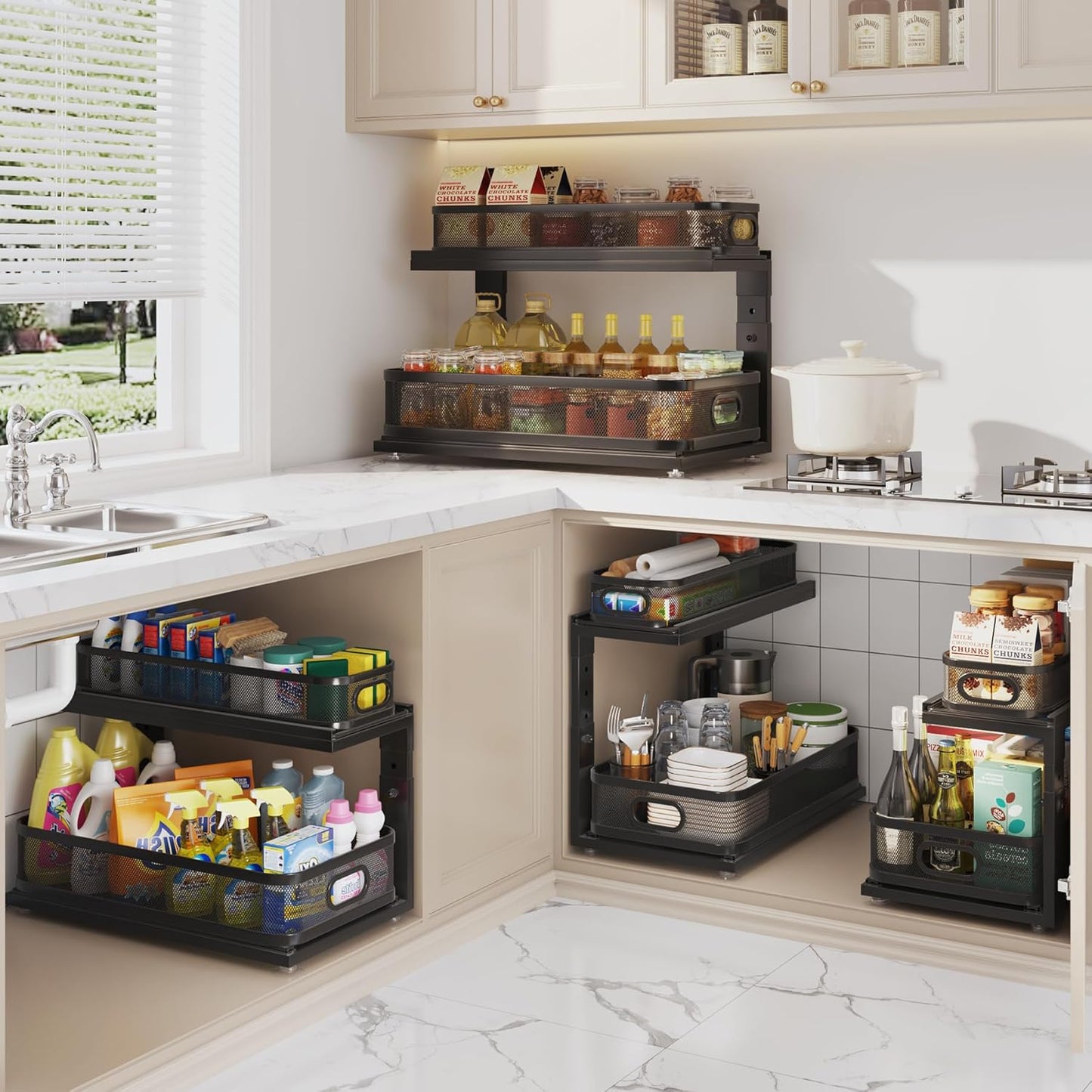 2 Pack 18.5IN-Depth Under Sink Organizer With Next-Gen Ball-Bearing Slides,2-Tier Precision Mesh Pull Out Cabinet Storage for Bathroom&Kitchen,Height Adjustable Drawers Shelf,Anti-rust-White