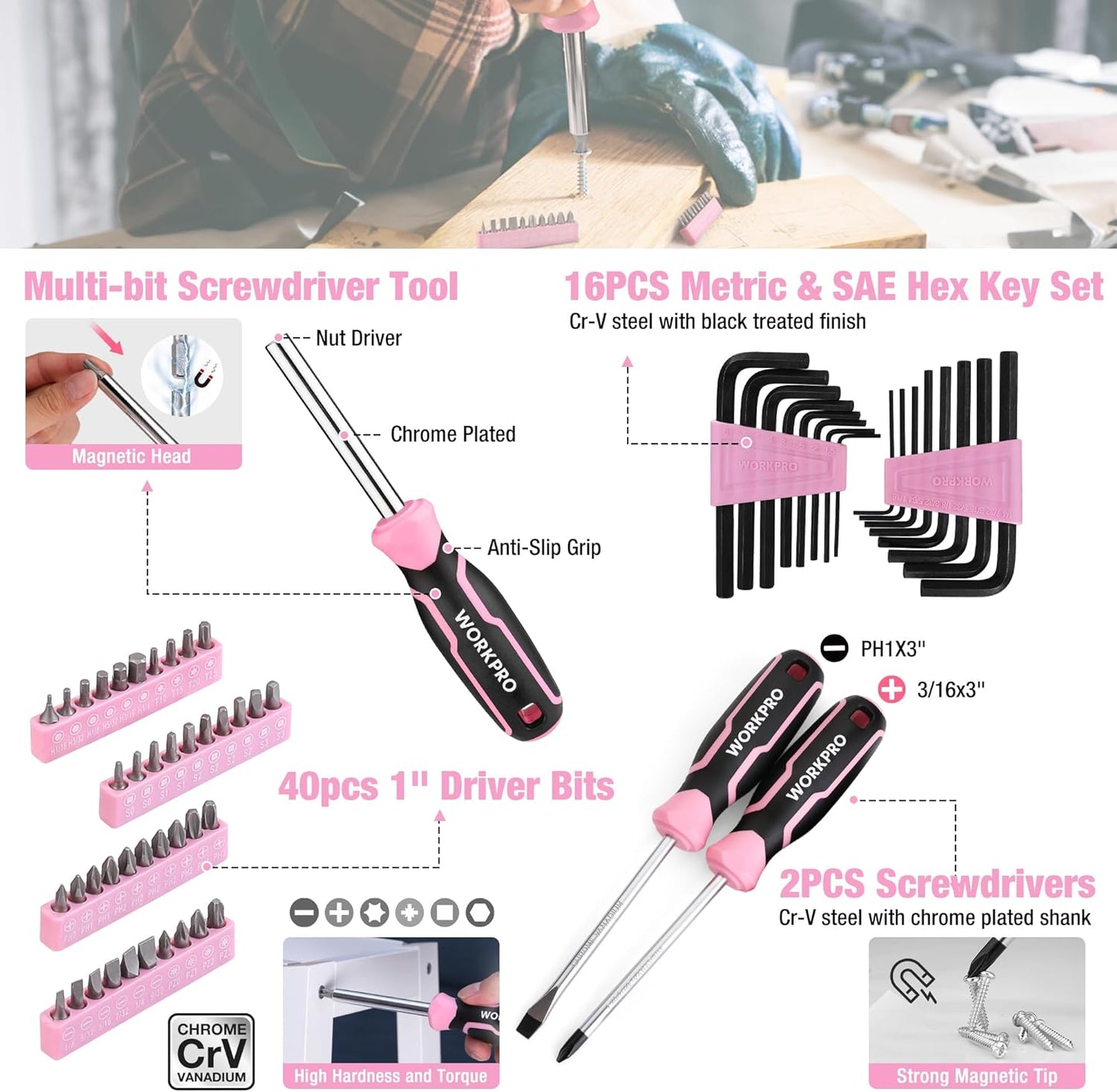WORKPRO Pink Tool Set, 258 PCS Tool Kit for Women, Basic Household Case with Hammer, Screwdriver Set, Portable for Home Repair, New Apartment, House-Warming, DIY - Pink Ribbon
