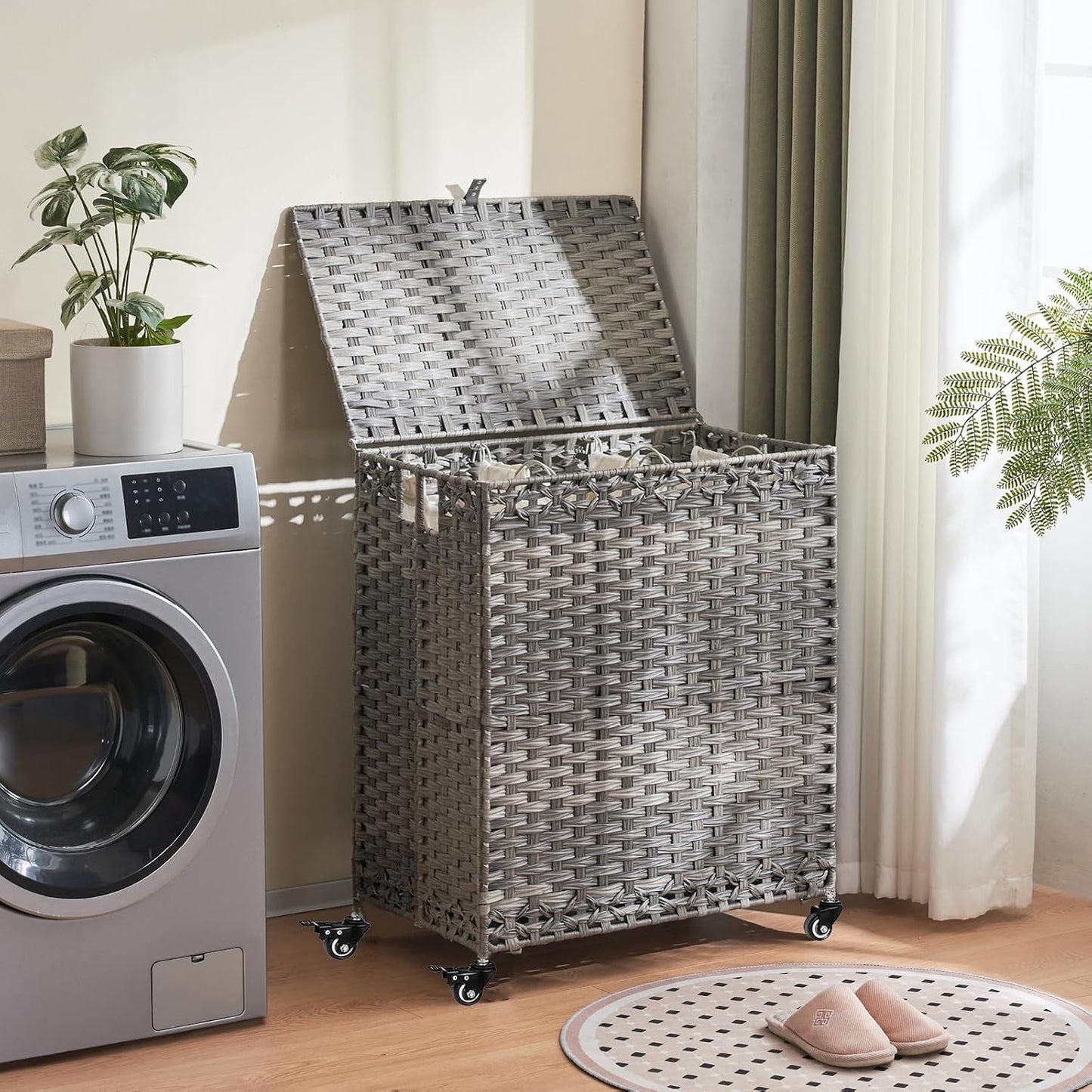 Laundry Hamper with Wheels&Lid, 50.2 Gallons(190L) Rolling Laundry Basket with Wheels, 3-Section Laundry Hamper, Handwoven Rattan Clothes Hamper with 6 Removable Liner& 3 Mesh Laundry Bags, Grey