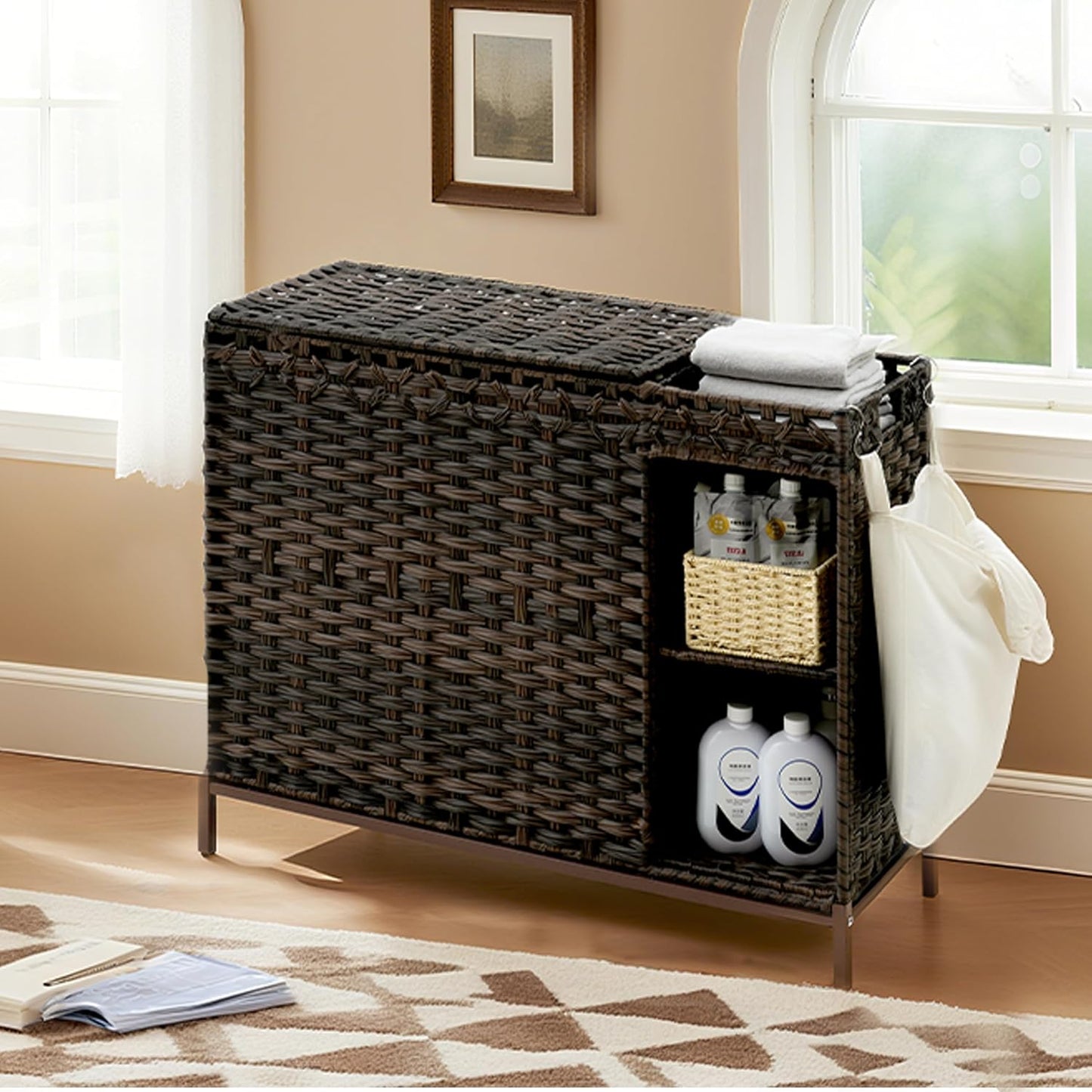 Gitelsnour Laundry Hamper with Lid, 110L (29.1 Gal) Rattan Laundry Hamper 2 Section with 50L (13.2 Gal) Storage Shelf, Wicker Woven Laundry Sorter Basket with 3 Liner Bags and Handles, Brown GLH002BR