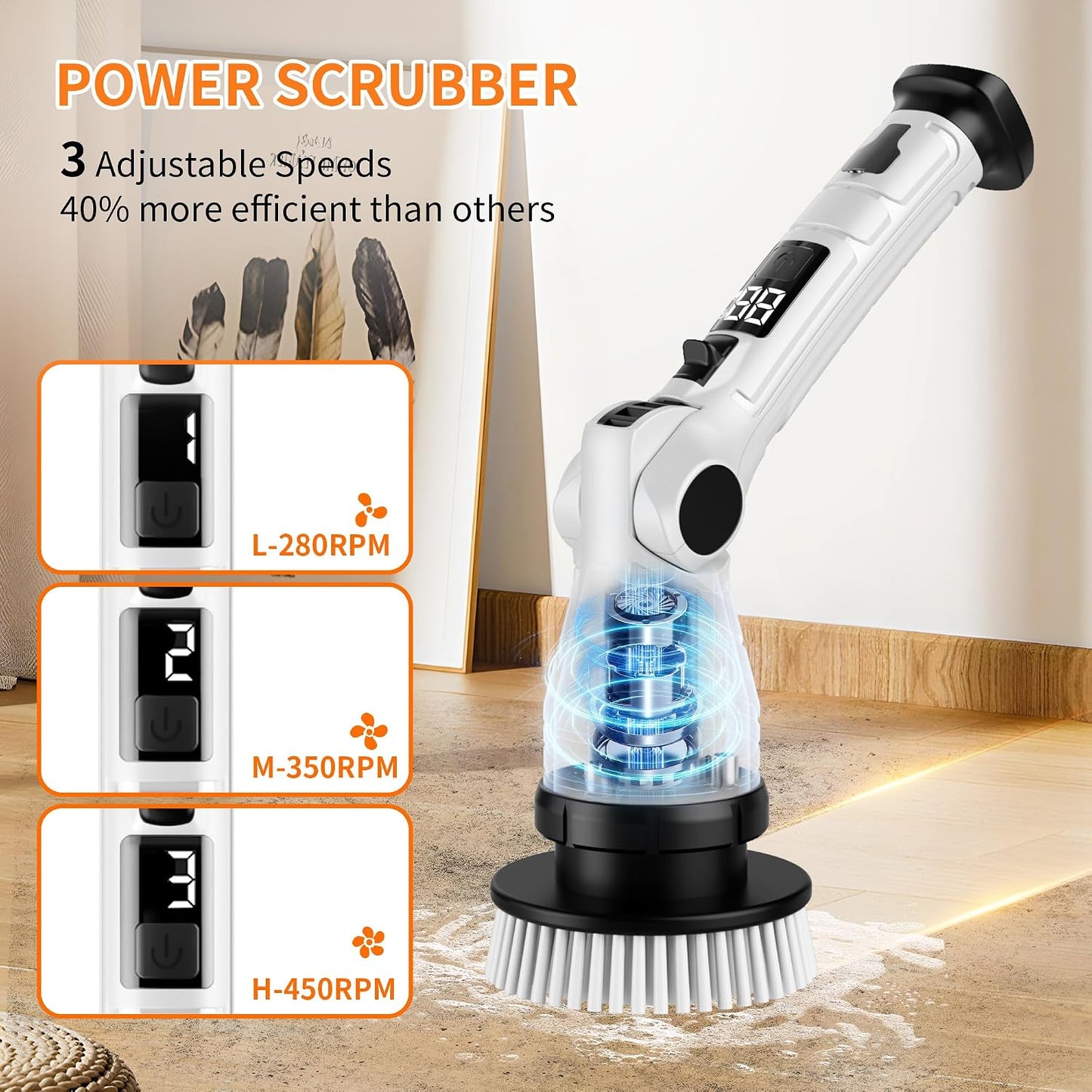 Electric Spin Scrubber with 8 Replaceable Brush Heads 6 Adjustable Angle Waterproof LED Display Cordless Cleaning Brush Supplies Bathroom Cleaner Set Long Handle Power Scrubber for Shower Floor Tub