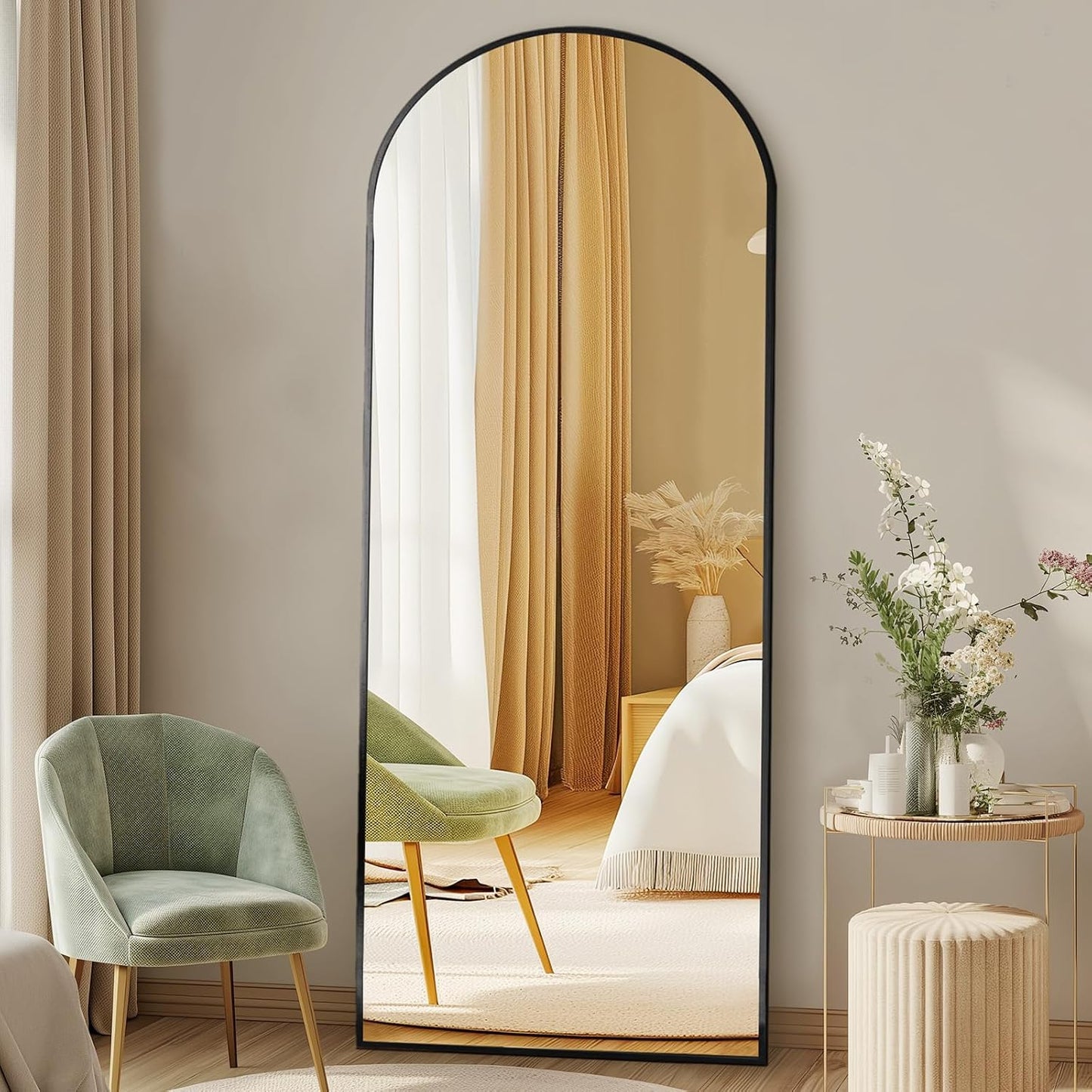 59"x16" Arched Full Length Mirror, Full Body Mirror with Leaning or Standing, Floor Standing Aluminum Frame for Bedroom, Livingroom, Cloakroom, Black