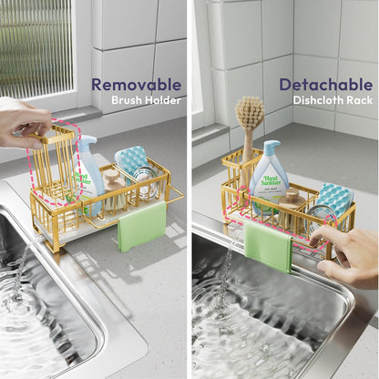 SWTYMIKI Sink Caddy Sponge Holder - Large Sponge Holder for Kitchen Sink with 360°Auto-Drain Tray, Rustproof Stainless Steel Kitchen Organizer Caddy for Countertop Organization