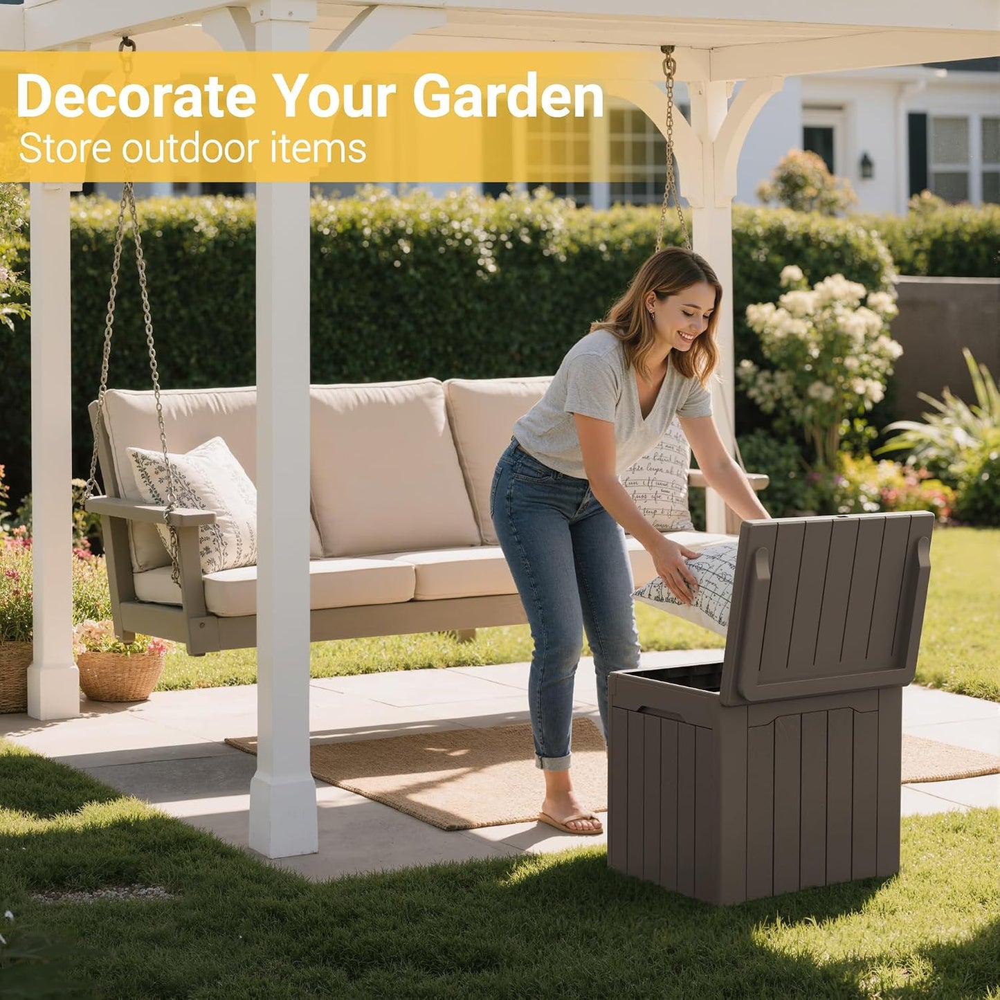 Greesum Outdoor Storage Box 31 Gallon Storage Box with Lid for Patio Furniture, Garden Tools, Pool Supplies, Waterproof and UV Resistant, Lockable, Dark Black