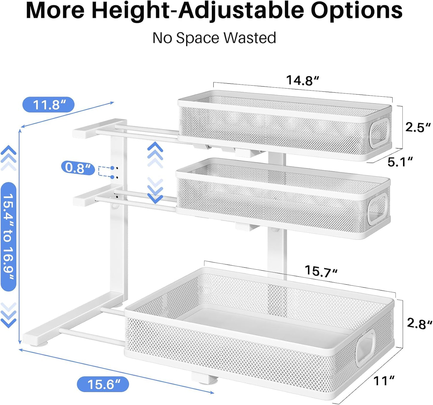 Under Sink Organizer, 2-Pack 3-Tier Thickened Metal Pull out Cabinet Organizer Shelf, Height Adjustable Slide out Storage Drawer Rack for Kitchen Bathroom Pantry Laundry Home Office Organization