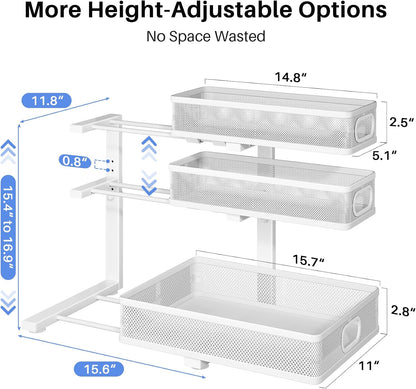Under Sink Organizer, 2-Pack 3-Tier Thickened Metal Pull out Cabinet Organizer Shelf, Height Adjustable Slide out Storage Drawer Rack for Kitchen Bathroom Pantry Laundry Home Office Organization