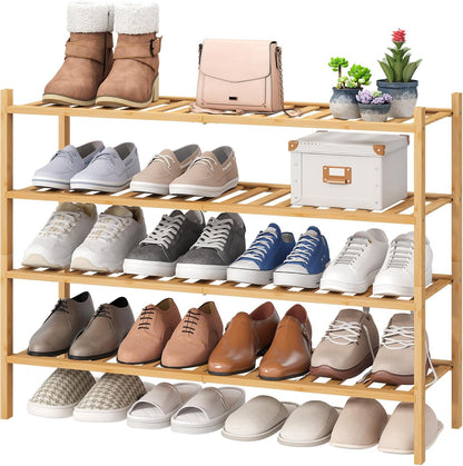 viewcare 3-Tier Black Bamboo Shoe Rack for Entryway, Stackable | Foldable | Natural, Shoe Shelf Storage Organizer for Hallway Closet, Free Standing Shoe Racks for Indoor Outdoor