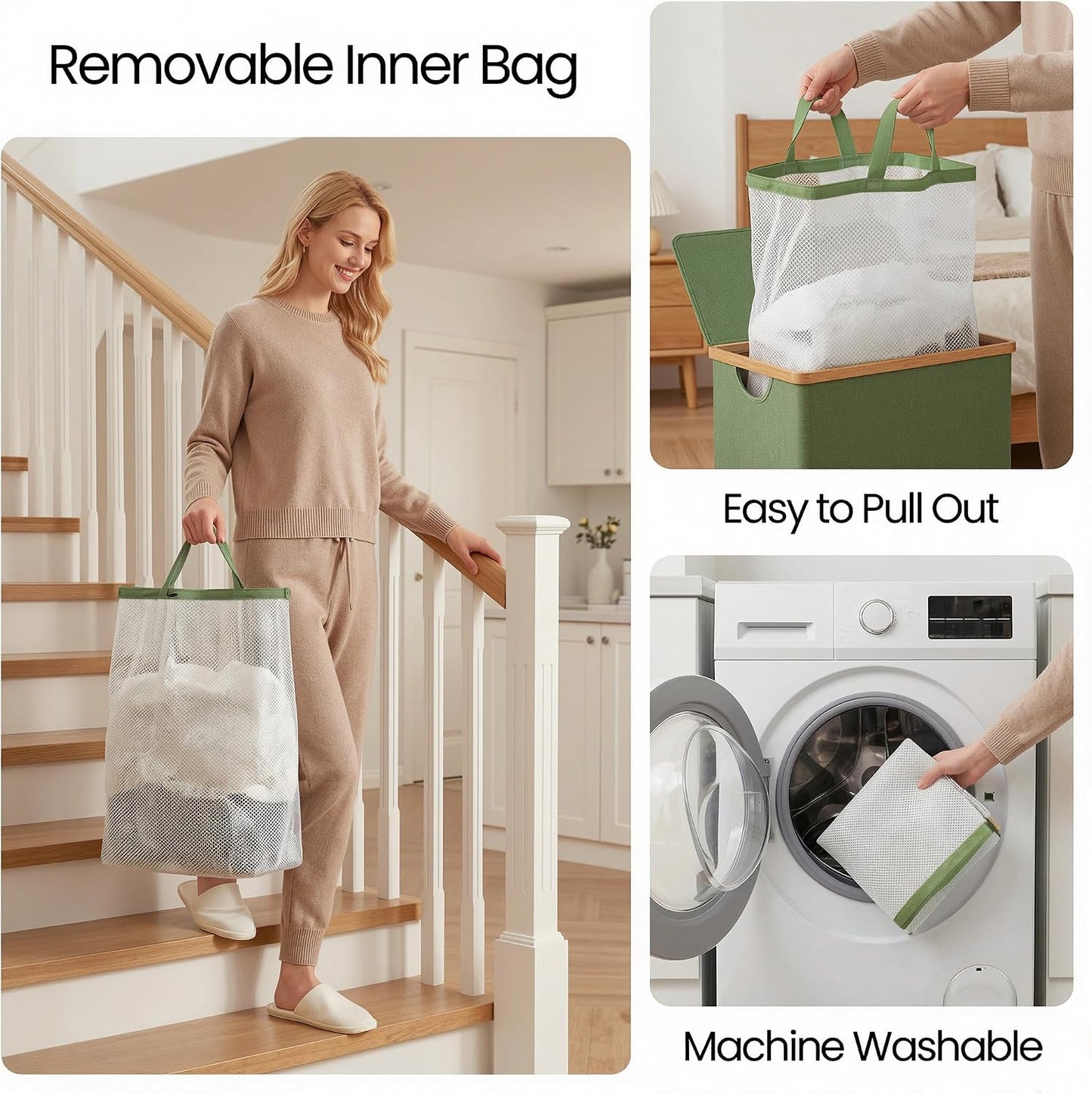 efluky Slim Laundry Basket with Lid, Narrow Laundry Hamper with Removable Bag, Skinny Dirty Clothes Basket with Bamboo Handles for Bathroom, Bedroom & Laundry Room, 75L Beige