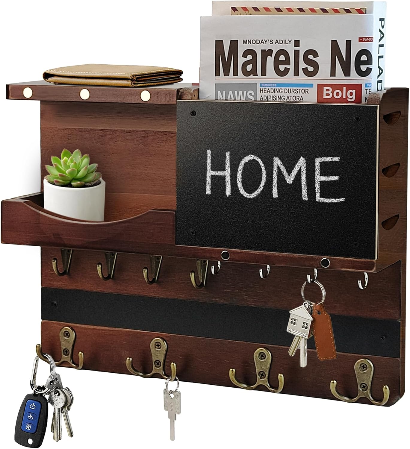 Key Holder for Wall Mount with Shelf and Mail Organizer, Key and Mail Holder with 16 Hooks, Farmhouse Entryway Organizer, Home Decor Rack (Pine Wood, Black)