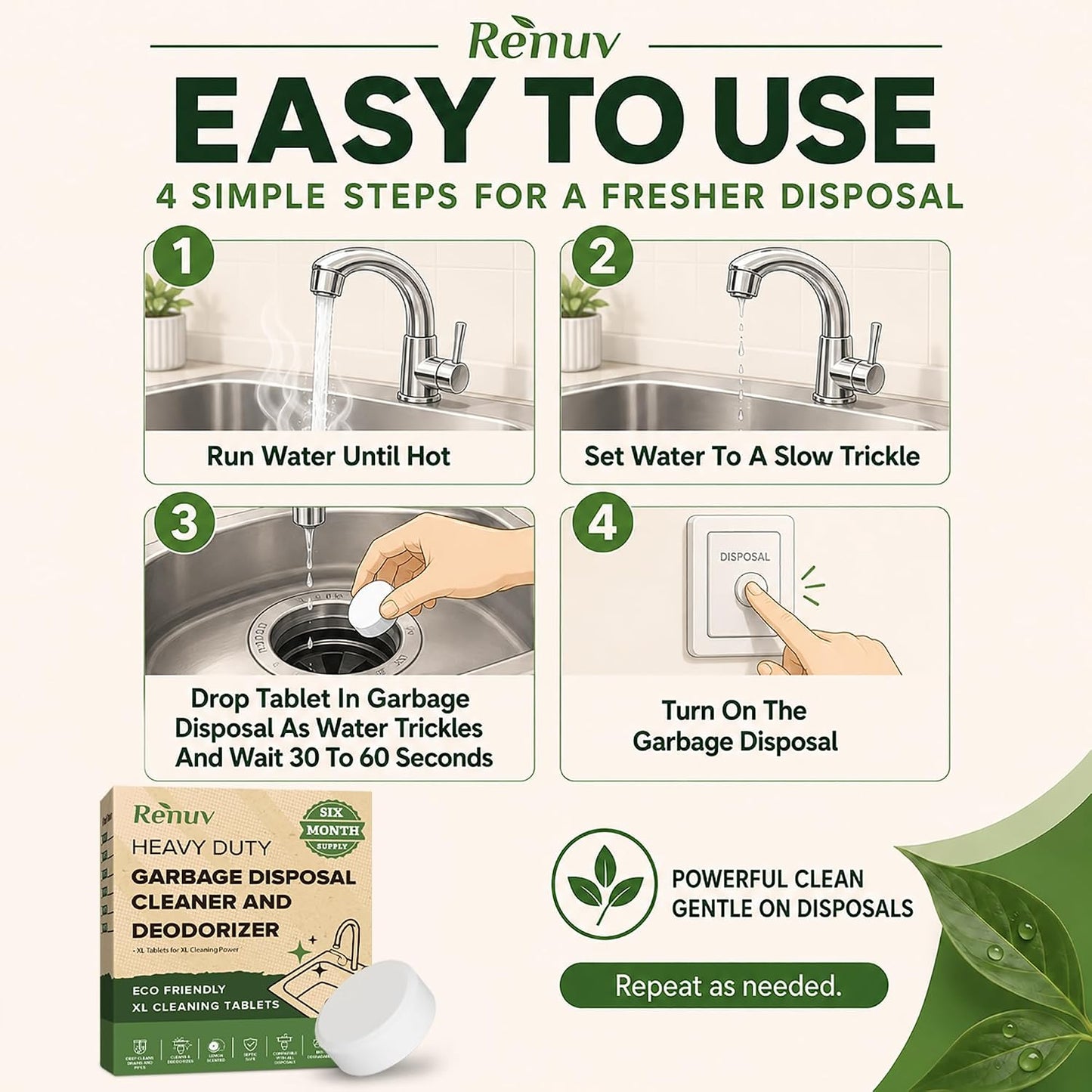 Renuv® Garbage Disposal Cleaner & Deodorizer Tablets, 12 XL Tablets | Foaming Citrus Scent, Drain Freshener, Kitchen Sink Odor Refresher For Garbage Disposer Cleaning