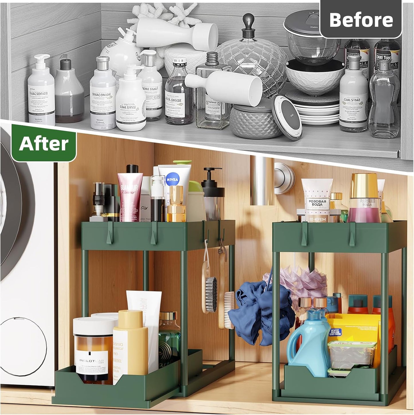 Simple Trending Under Sink Organizer 2 Pack, Sink Pull-Out Sliding Storage Cabinet, 2-Tier Under Shelf Organizer for Kitchen Bathroom, Black
