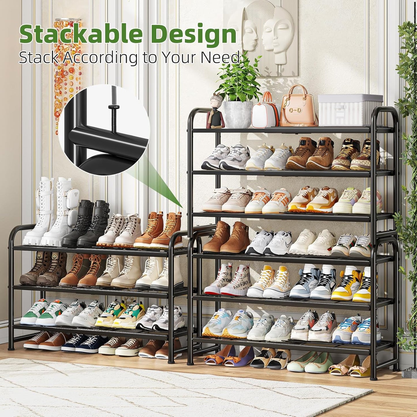 Simple Trending 3-Tier Stackable Shoe Rack, Expandable & Adjustable Shoe Shelf Storage Organizer, Wire Grid, Black
