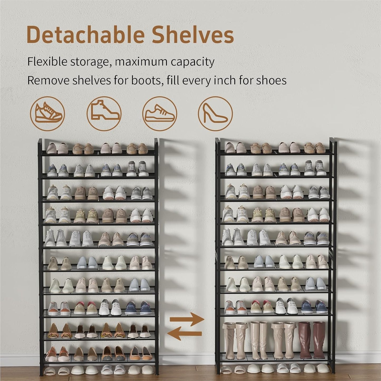 Stackable Shoe Rack, 6 Tier Metal Shoes Rack Storage Organizer,Large Capacity Shoe Shelf Max Holds 30 Pairs of Shoes,Sturdy and Stable, for Closet, Entryway,Garage，Black