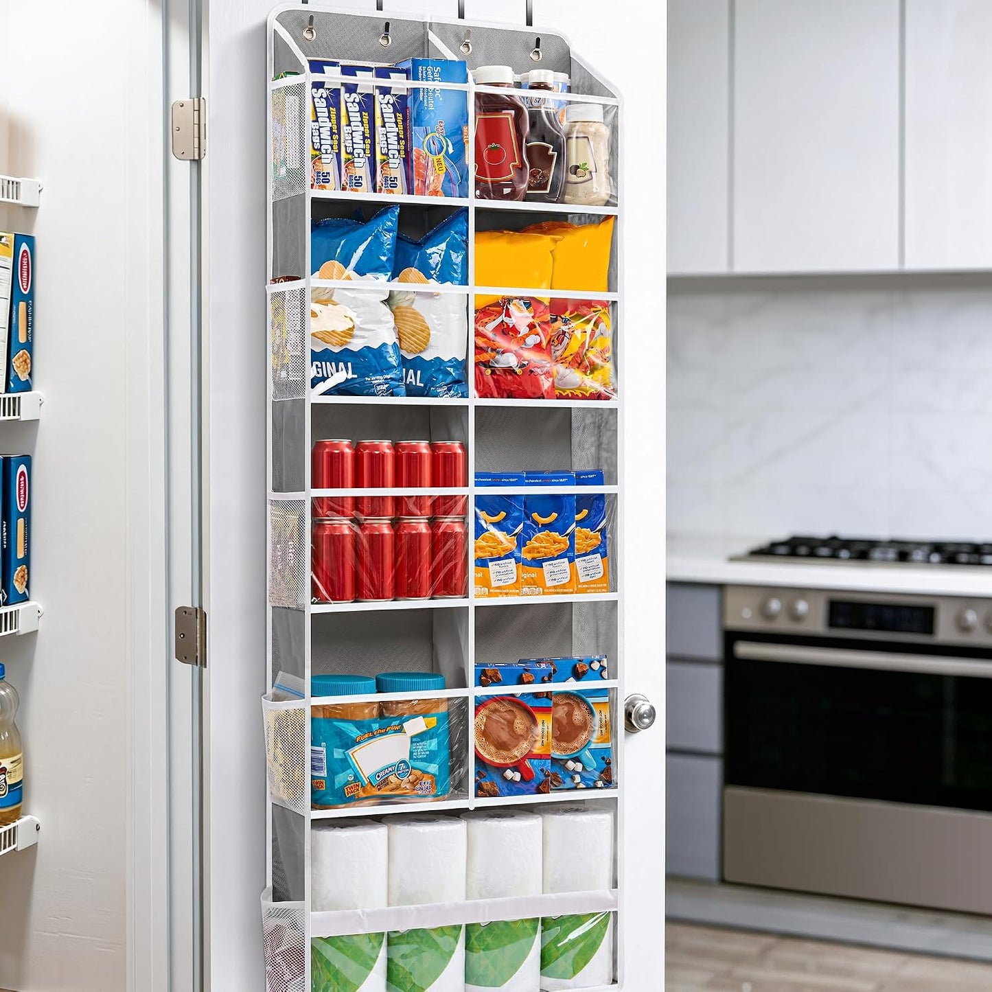 JARLINK 2 Pack Over the Door Organizer Storage, 5 Shelf Hanging Door Organizer with 5 Large Capacity Pockets, Anti Tilt 44 lb Load Behind Door Storage for Bedroom, Bathroom, Pantry, Nursery, (Grey)